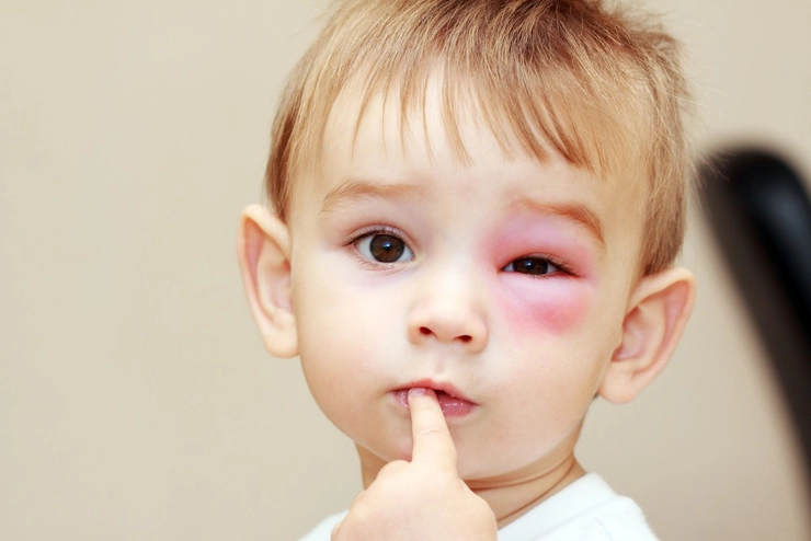 un copil care tine un deget la buze si are un ochi inflamat