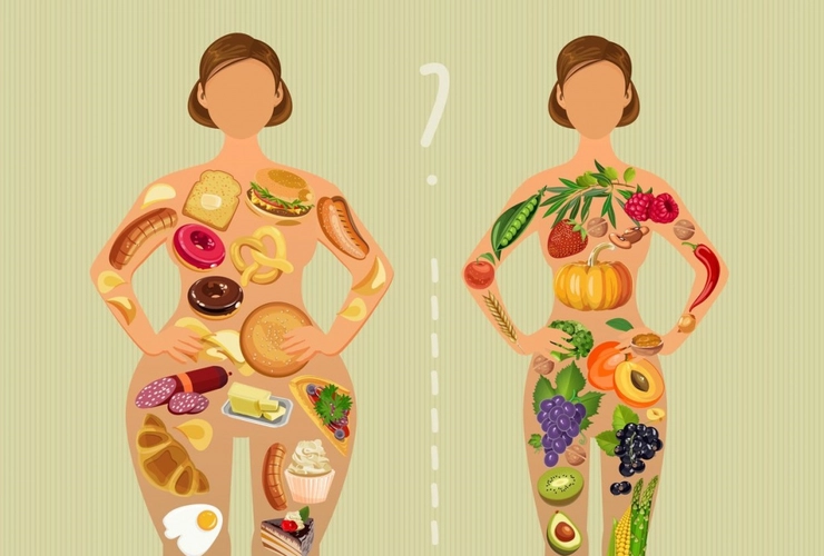 colaj femeie grasa care are in organismul sau doar fast-food si alta femeie slaba care are in organism doar alimente sanatoase