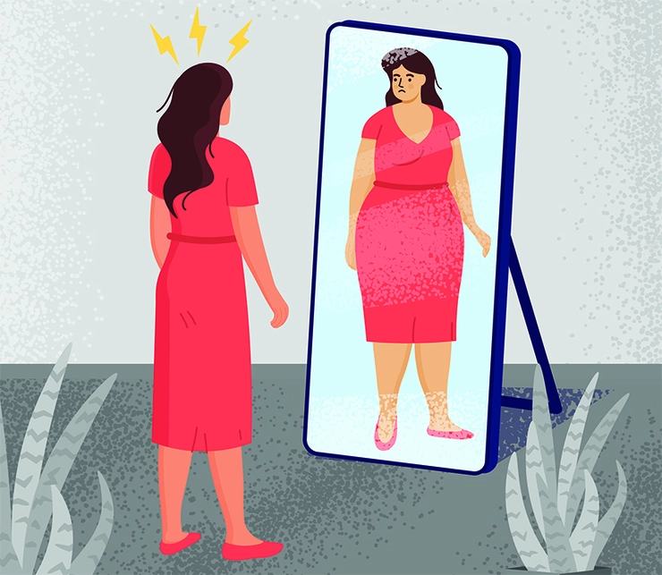 desen grafic femeie care se priveste in oglinda si se vede grasa