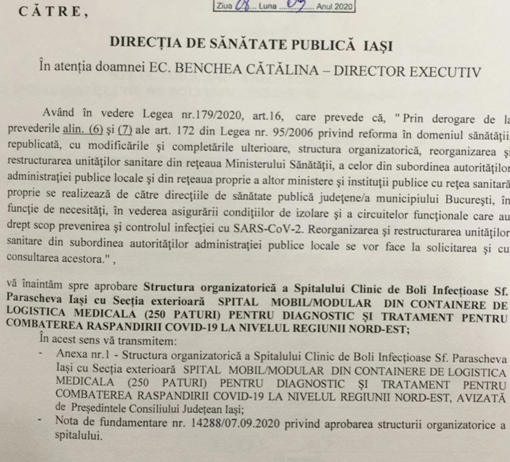Cererea făcută de Spitalul de Boli Infecțioase către DSP Iași pentru avizarea unității cu denumirea completă votată în plenul Consiliului Județean