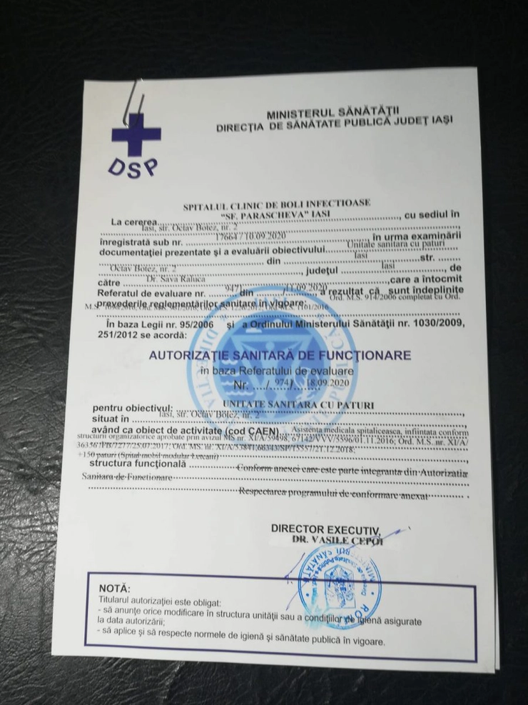 Avizul emis de DSP Iași pentru Spitalul din Lețcani